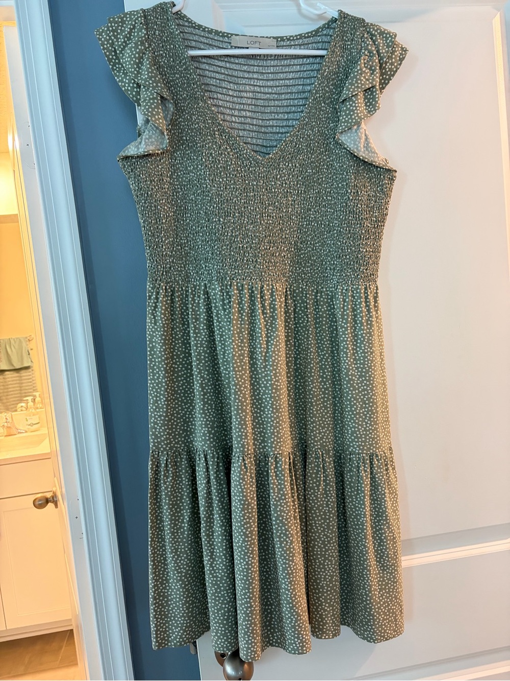 LOFT Sage Green Polka Dot Smocked Top